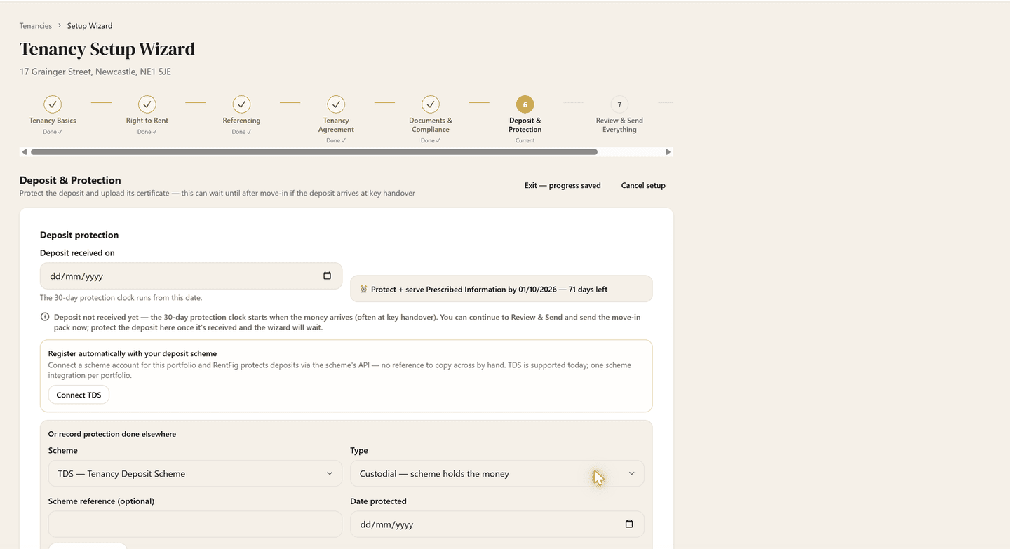 Deposit and Protection step: a live deadline chip reading Protect and serve Prescribed Information by 1 October 2026 with 71 days left, a Connect TDS scheme integration, and scheme plus custodial-or-insured recording fields